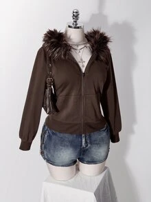 SHEIN ICON Plus Size Women's Y2K Retro Fur Collar Patchwork Regular Sweatshirt Jacket With Pocket Fall - Coffee Brown - View 6