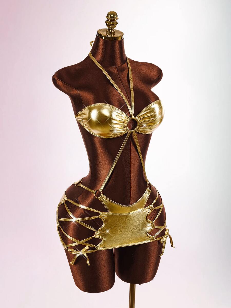 Amplova Women's Gold 2 Pieces Swimsuit Set With Tassel Mini Skirt, One-Piece Cutout Backless Sexy Metallic Swimwear