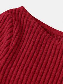 SHEIN Serisse Kids 兒童青少年女孩粉色秋季休閒羅紋套裝，兩款露肩口袋T恤上衣搭配直筒長褲，百搭返校兩件套 - 紅色 - 查看 8