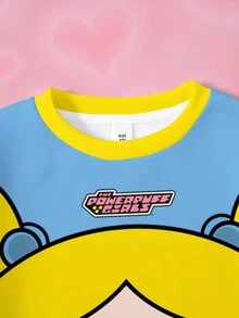 THE POWERPUFF GIRLS X SHEIN 少女條紋卡通印花圓領長袖休閒運動衫 - 白色 - 查看 3