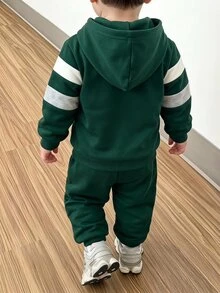 兒童小男孩休閒簡約寬鬆長袖連帽衫與長褲2件套，適合秋冬穿著 - 彩色 - 查看 2