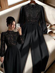 GlowEve Elegant Multi-Occasion Date Night Small Stand Collar Lace Embroidered Patchwork Jumpsuit - Black - View 1
