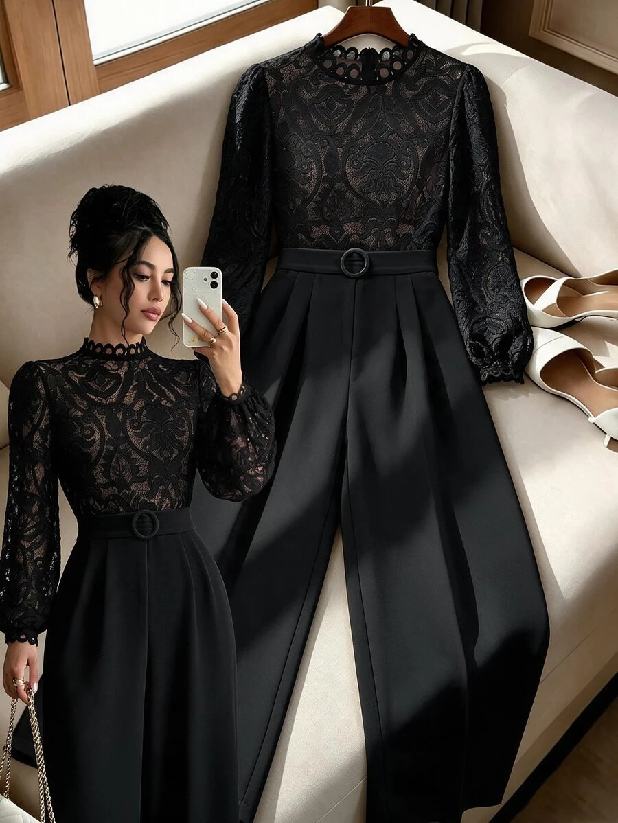 GlowEve Elegant Multi-Occasion Date Night Small Stand Collar Lace Embroidered Patchwork Jumpsuit - Black - View 1