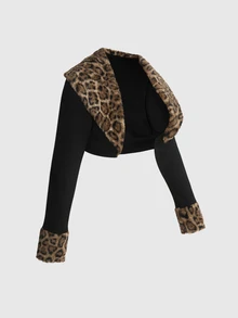 ROMWE Millennium Y2K Leopard Print Faux Fur Collar Cropped Knit Cardigan & Slim Fit Waist-Cinching Dress Plus Size 2 Pieces Set For Party And Birthday - Black - View 13