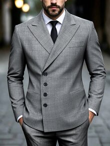 Manfinity Mode Men's Plaid Lapel Long Sleeve Single-Breasted Suit Set - Grey - View 3