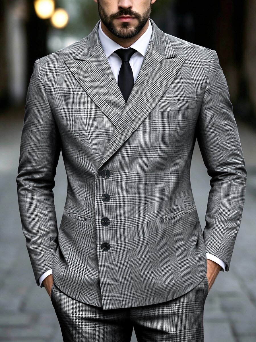 Manfinity Mode Men's Plaid Lapel Long Sleeve Single-Breasted Suit Set - Grey - View 1