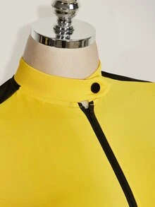 SHEIN ICON Plus Size Women's Zipper Front Long Sleeve Y2K Yellow & Black Contrast Color Romper, Halloween - Yellow - View 9