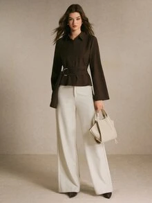 Poéselle Women's Solid Color Long Sleeve Single-Breasted Waist Buckle Design Elegant Blouse - Brown - View 5