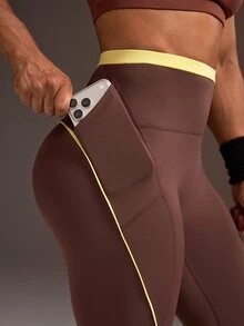 Powerista 女款拼色休閒日常穿著緊身運動緊身褲，適合健身、慢跑、運動、戶外休閒、跑步健身房，棕黃色日常款 - 棕色 - 查看 1