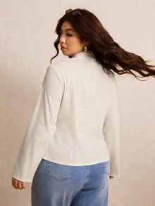 Elaquor Plus Size Women's Elegant Long Sleeve Shirt With Frog Button Placket - Beige - View 2