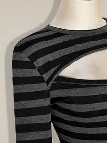 SHEIN ICON Plus Size Cutout Sexy Striped Colorblock Long Sleeve T-Shirt - Multicolor - View 6