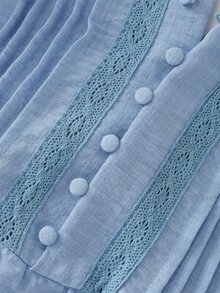 Franclia Soft Style Linen 2 Pieces Set, Summer V-Neck Frill Trim Sleeveless Top + High-Waist Drawstring Wide-Leg Pants - Blue - View 3