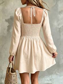 Cévolie Women's Solid Color Button Decor Lace Patchwork Long Sleeve Simple Versatile Dress - Apricot - View 2