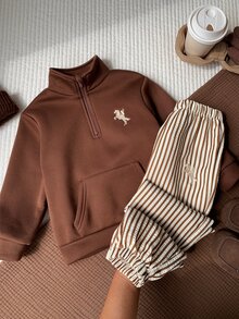 SHEIN 2件組兒童小男孩小女孩秋冬立領長袖條紋運動衫長褲套裝 男童套裝 - 彩色 - 查看 3