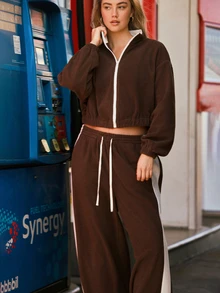 Voyena Plus Size Women's Casual Zipper Front Cropped Jacket And Drawstring Waist Contrast Side Seam Wide Leg Pants Sports Set - Coffee Brown - View 4