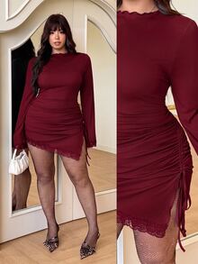 GalTyme Plus Size Solid Color Lace Patchwork Side Slit Dress Fall - Burgundy - View 8