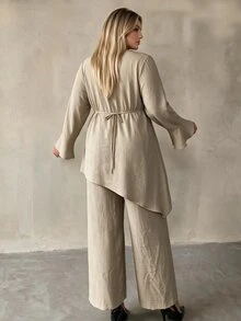 Auralis Round Neck Flared Long Sleeve Cinched Waist Pleated Extra Long Top & Wide Leg Pants Plus Size Set/Asymmetrical Top / Lace-Up / Slit - Khaki - View 4