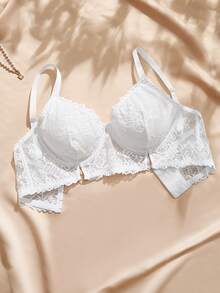 Charlaine 1pc Sexy Lace Patchwork Plus Size Bra - White - View 4