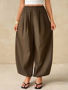 SHEIN Tall Tall Women's Brown Plaid Pattern Lantern Pants, Fashion, Casual, And Commuter Style - Brown - View 5
