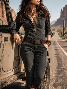 Glimmora Women's Long-Sleeve, T-Shirt With Pockets; Features A Vintage-Style Washed ,Vintage Shirt With Collar And Zipper - Black - View 5