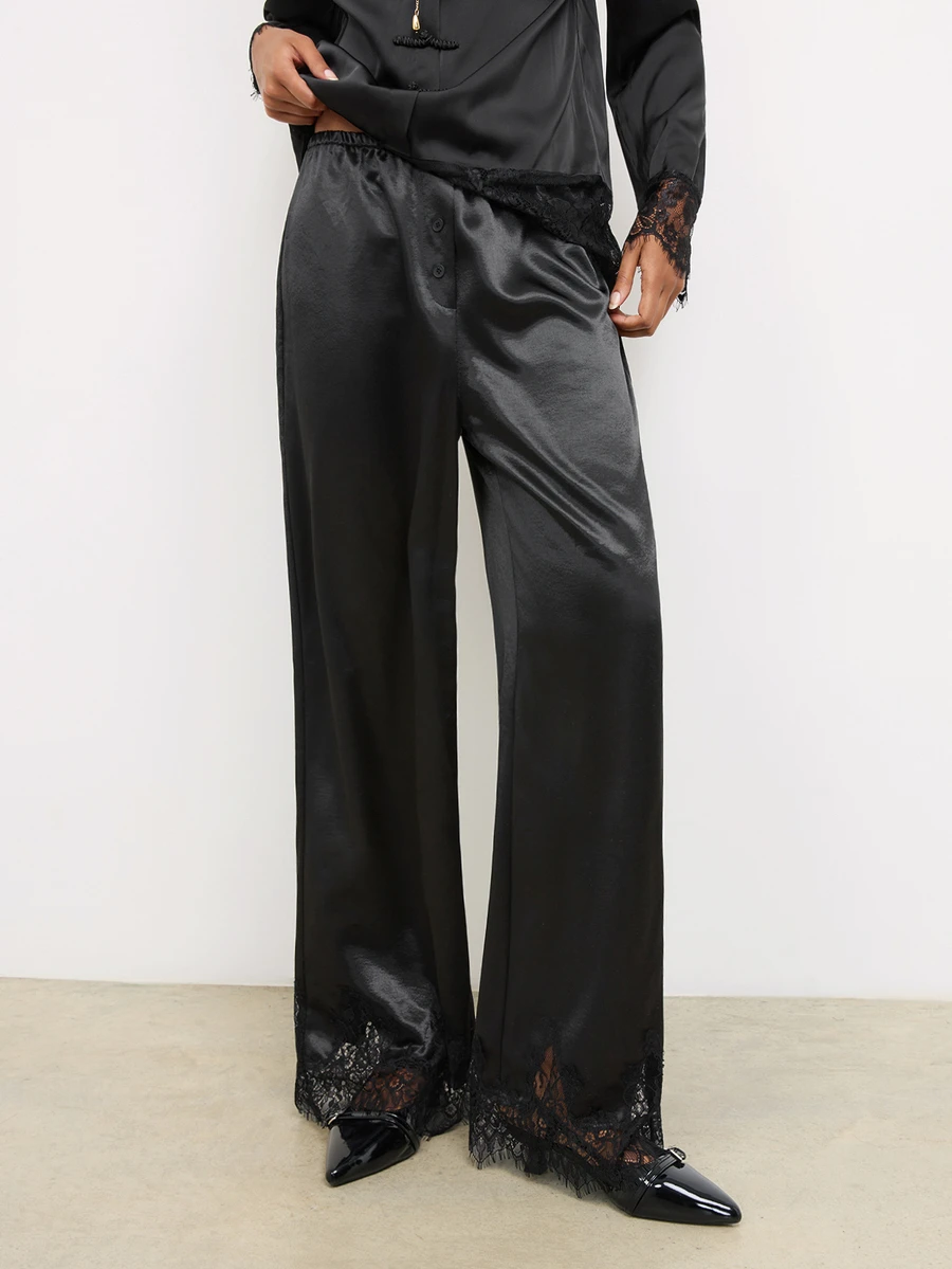 Maija Women's Solid Color Long Pants With Lace Trim, Urban Renaissance Street Style, Casual Fashion, Creative Personalized Streetwear - Black - View 1
