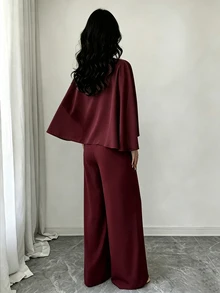 SHEIN Raffinéa Women's Elegant Spaghetti Strap Jumpsuit With Mesh Cape Top Set - Burgundy - View 2