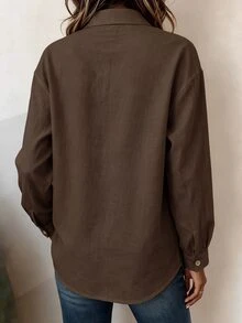 Zayélia French Style Asymmetrical Long Sleeve Shirt, Washed Textured Cotton Linen, Casual Commute Style, Misaligned Diagonal Collar With Contrast Color Wooden Buttons Design, Asymmetrical Hem, Loose Shoulder To Hide Body Shape, Versatile And Slimming - Brown - View 2