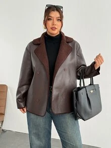 Firerie Plus Size Button Faux Fur & PU Material Patchwork Jacket - Brown - View 5