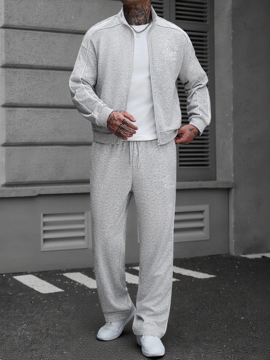 SLATEMANN Men Sweatshirt Co-Ords Men's Long-Sleeve Zip-Up Jacket And Pants Set Featuring Letter Embroidery And Panel Stitching; A Loose, Comfortable Fit Suitabl - Grey - View 1