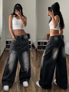 StreetHx Women's Hot Girl Hip Hop Faux Two-Piece Waist Denim Jeans - Black - View 1