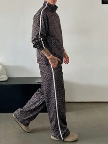 DAZY Spring/Autumn Brown Leopard Print Side Seam Contrast Webbing Streetwear Elastic Waist Pants & Jacket Set For Men - Brown - View 6