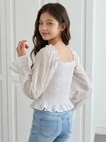 Dazy Kids Tween Girl Cute Stylish Short Blouse With Frill Trim And Petal Sleeve - White - View 4