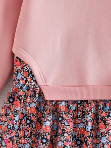 SHEIN 1件女童棕色拼接印花2合1連衣裙，休閒日常秋季洋裝 - 粉色 - 查看 6