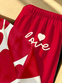 女童休閒清新米色下擺紅色大廓形愛心與LOVE字母圖案圓領衛衣寬腿褲套裝，秋季穿搭 - 彩色 - 查看 7