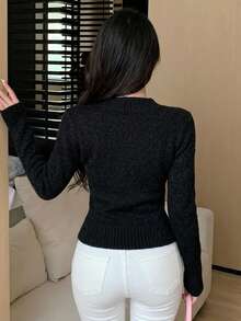 DAZY Women's Solid Color V-Neck Long Sleeve Casual Versatile Sweater, Autumn/Winter - Black - View 2