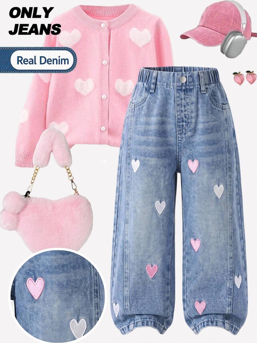 SHEIN Genkimix Kids 女童牛仔長褲 新季節可愛趣味風格 復古牛仔女郎牛仔風 淺藍色彈性腰頭 粉色白色愛心刺繡設計 貓鬍鬚 秋季 - 淺色水洗藍 - 查看 1