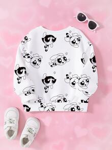 THE POWERPUFF GIRLS X SHEIN 女童字母卡通印花圓領長袖休閒衛衣 - 白色 - 查看 2