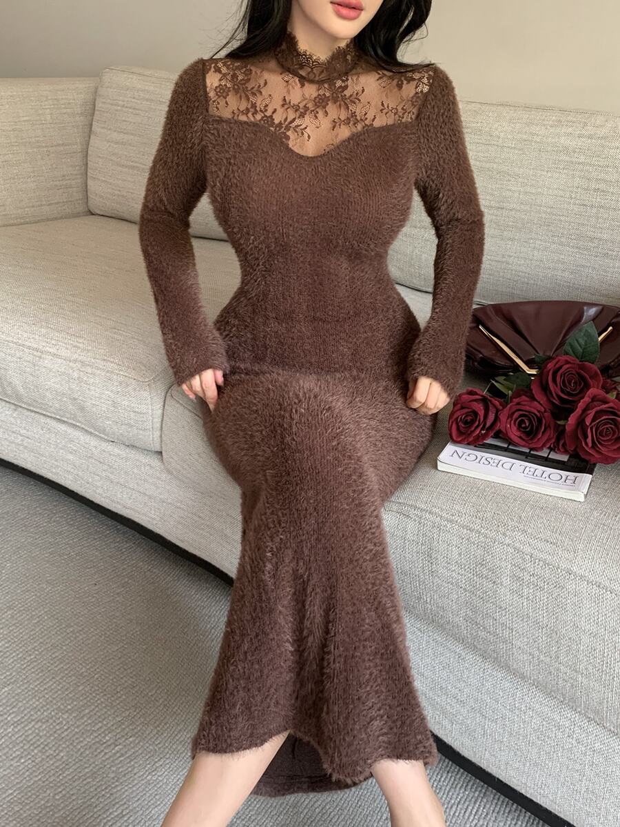 Feyla Women's Sweet Lace Patchwork Long Sleeve Mermaid Dress - Coffee Brown - View 1