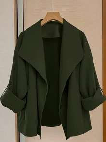 GlowEve CURVE Plus Size Women Roll Tab Sleeve Loose Casual Jacket, Solid Color, Versatile For Daily, Work Commute, Autumn/Winter Fall - Green - View 3
