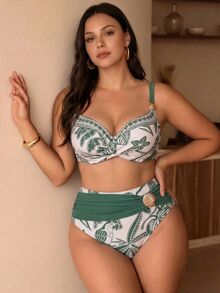Swim Chiccia 2026 New Plus Size French Luxury Vacation Style Underwire Push-Up Non-Removable Cup High Waist Tummy Control Slimming Two Pieces Bikini Swimsuit Set - Green - View 1