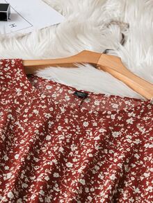 SHEIN LUNE Plus Size Floral Allover Print Short Crew Neck Long Sleeve Dress Winter Clothes - Burgundy - View 6