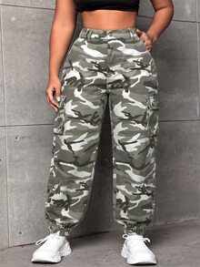 SHEIN SXY 大尺碼迷彩印花鈕扣收口工裝牛仔褲 - 彩色 - 查看 3
