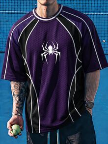Gym Rark Men's Contrast Trim Spider Print Sports Streetwear Athletic T-Shirt Halloween Gym Red Leopard Print Summer - Multicolor - View 3