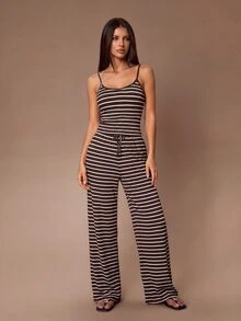 Lazeform Set Piyama Wanita Kasual Bergaris Cardigan + Celana Panjang Camisole - Coklat - View 4