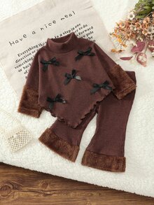 SHEIN 女童棕色蝴蝶結毛絨兩件套，半高領護頸，秋冬款，不對稱下擺披肩式寬鬆上衣，黑色緞面蝴蝶結裝飾，韓系甜美風，棕色長毛絨拼接袖口，同色喇叭褲，適合秋冬日常穿著、生日穿搭、拍照拍攝 - 棕色 - 查看 3