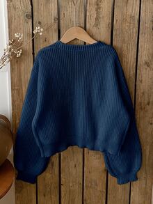SHEIN Tween Girls Cardigan Navy Ribbed V-Neck Button Front Long Balloon Sleeve Floral Applique Knit Sweater - Navy Blue - View 2
