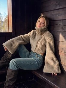SHEIN ICON Women's Solid Color Stand Collar Casual Versatile Daily Faux Fur Jacket - Brown - View 3