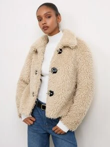 Maija Jaket Plush Kancing Depan Wanita - Khaki - View 5