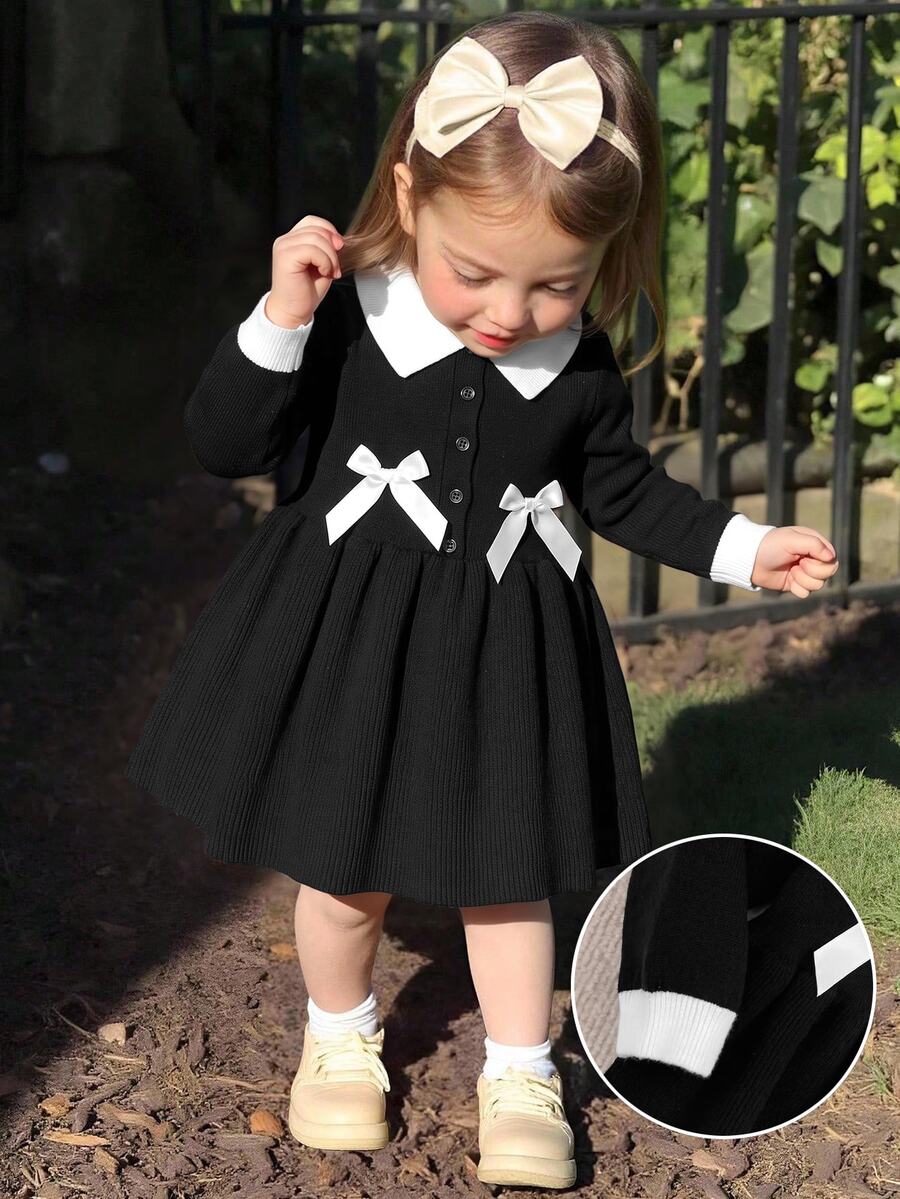 SHEIN Baby Girls Black & White Color Block Collar Bow Decor Sweater Dress - Black - View 1