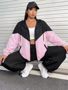 SHEIN EZwear 大尺碼女款休閒運動風撞色拉鍊夾克 秋冬款 - 彩色 - 查看 5